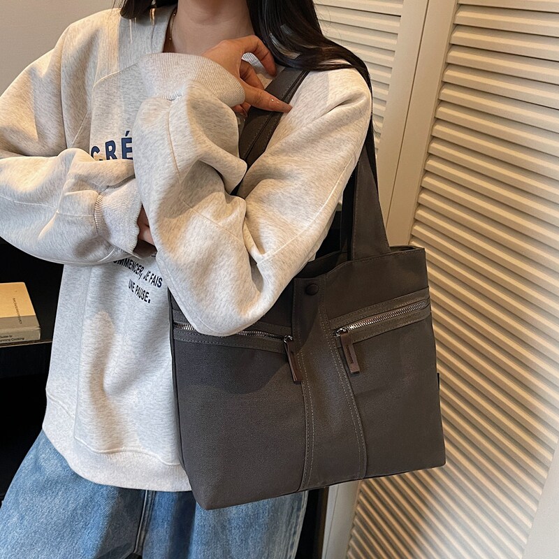 帆布包大容量包包休闲托特包布包拉链简约百搭单肩包上课通勤女包