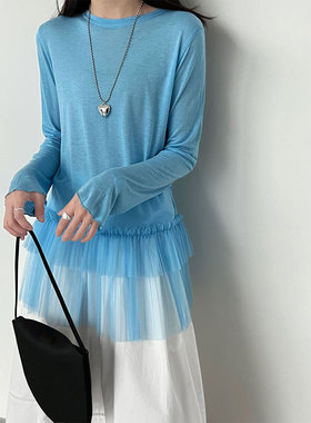 祥仔欧韩韩系通透网纱下摆针织衫女2026夏季显瘦长袖气质打底衫