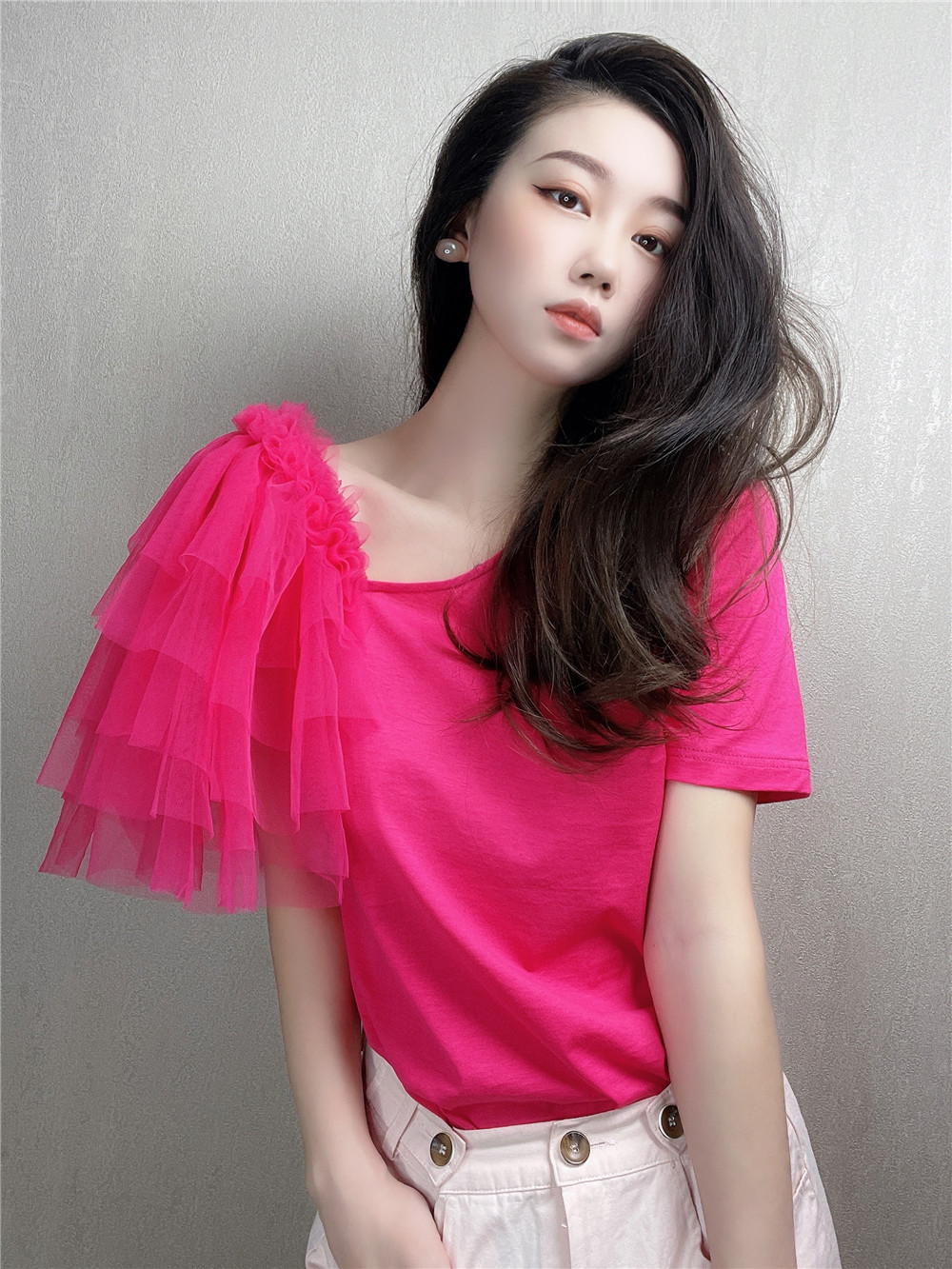 2024新款原创网纱飞飞边彩色t恤衫宽松显瘦丝光棉短袖打底衫夏女