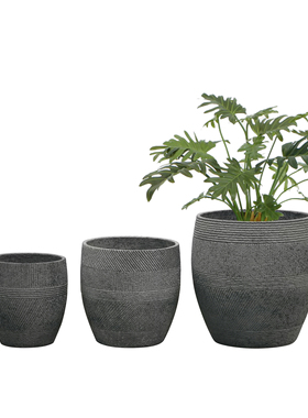 现代简约圆形玻璃钢花盆纹理设计防滑底座室内绿植盆栽三件套