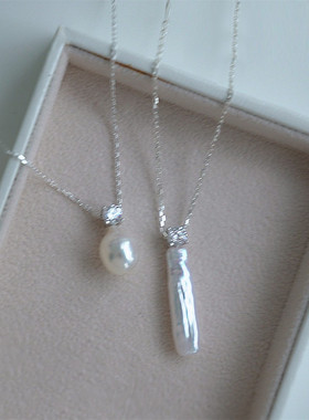 天然珍珠925银小银条真珠项链