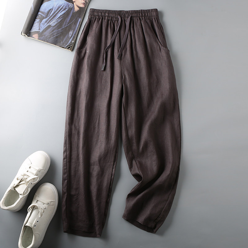thumbnail for 100% cotton and linen! Cool and comfortable! Summer Men's Elastic Waist Loose Breathable Cotton Linen Straight Casual Pants Trendy