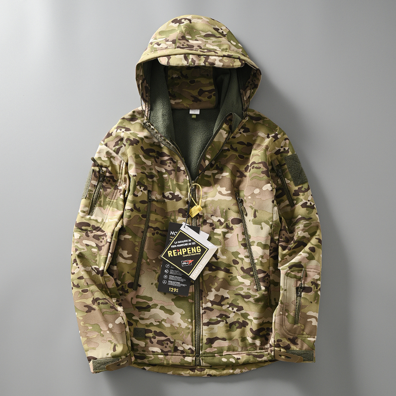鸟家尾单鲨鱼皮软壳防水冲锋衣外贸男士户外多功能战术加绒夹克潮