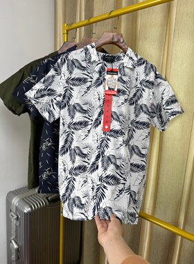 出口美国单外贸男装夏季潮流海滩夏威夷风古巴领棉麻短袖衬衫衬衣