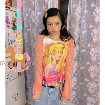 leele Retirement Paradise落叶桔紫古早女孩印花抽绳长袖上衣