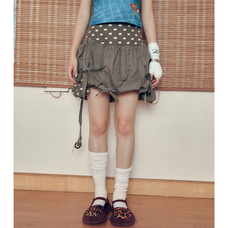 乐饿乐半身泡泡波点绑带水洗棉裙