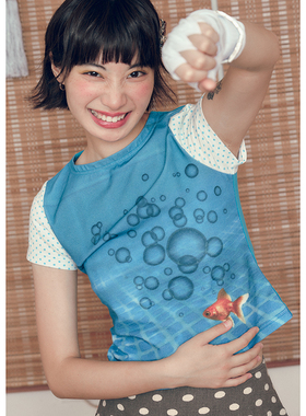 乐饿乐 天使武馆 金鱼缸泡泡趣味印花 波点拼接弹力t恤