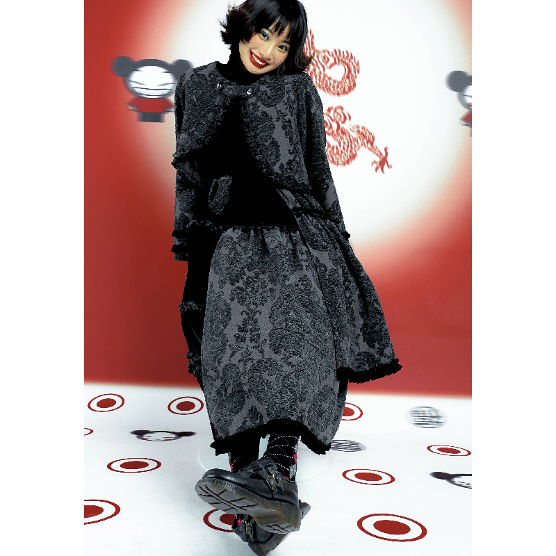 立体复古提花拼接高领连衣裙套装