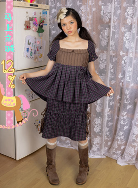 leele Retirement Paradise咖啡格子拼接抽绳羊毛呢假两件连衣裙