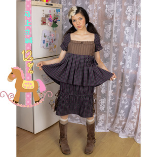 leele Retirement Paradise咖啡格子拼接抽绳羊毛呢假两件连衣裙