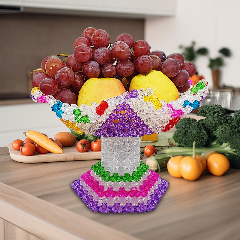 手工串珠莲花高脚果盘客厅家居饰品摆件工艺品水果盘家用装饰成品