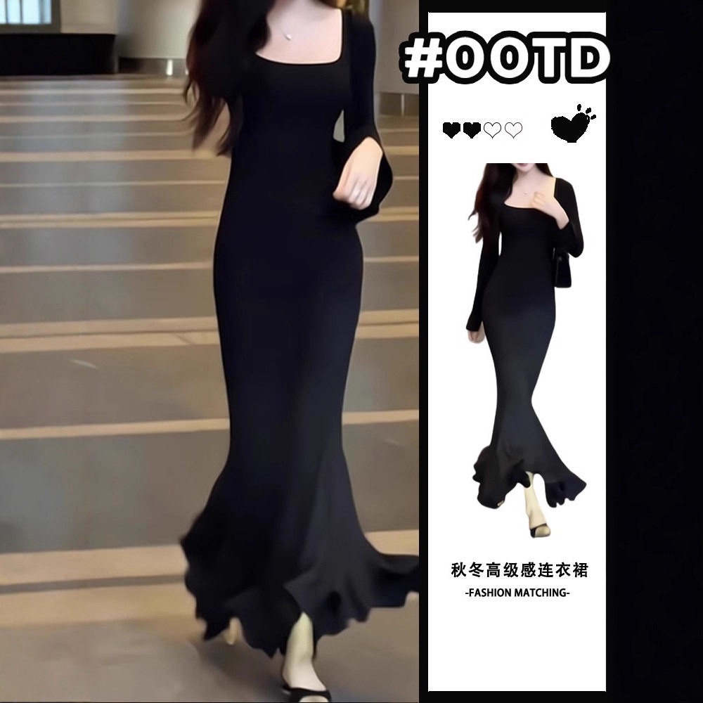 赫本风法式黑色长袖连衣裙女秋季2025新款高级感修身包臀鱼尾
