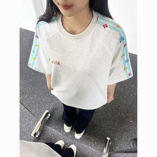 上衣ins 纯棉字母刺绣拼接短袖 t恤女夏季 新款 潮牌宽松百搭情侣半袖