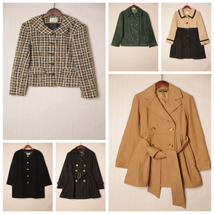 秋冬Vintage复古英伦风拼接色毛呢子大衣 D69