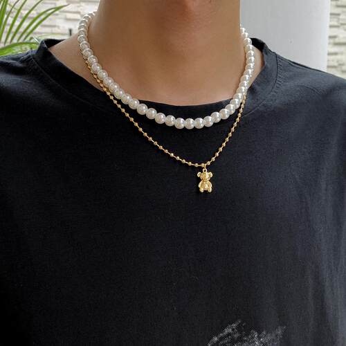 Creative Double Layer Pearl Bear Necklace Man Hip-Hop Simple