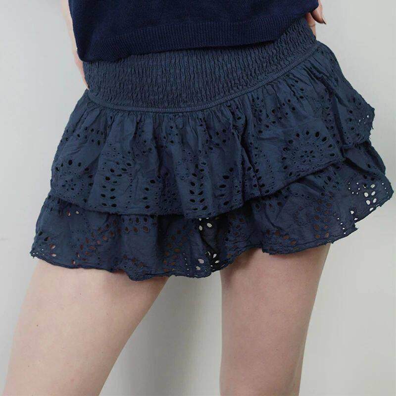 Women Y2K Ruffle Layered Hollow Mini Skirts Smocked A Line P