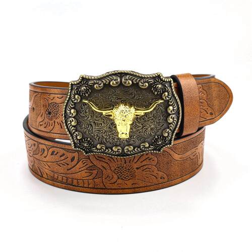 Denim belt cow head large plate buckle trendy 牛仔皮带牛头