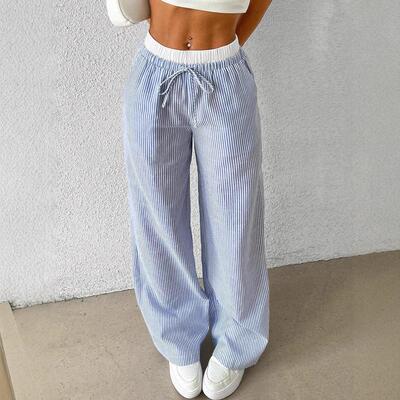 Striped checkered color loose wide leg pants casual pants