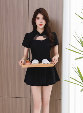 A9058新款足浴会所技师工作服女足疗养生馆采耳SPA店会所短裙套装