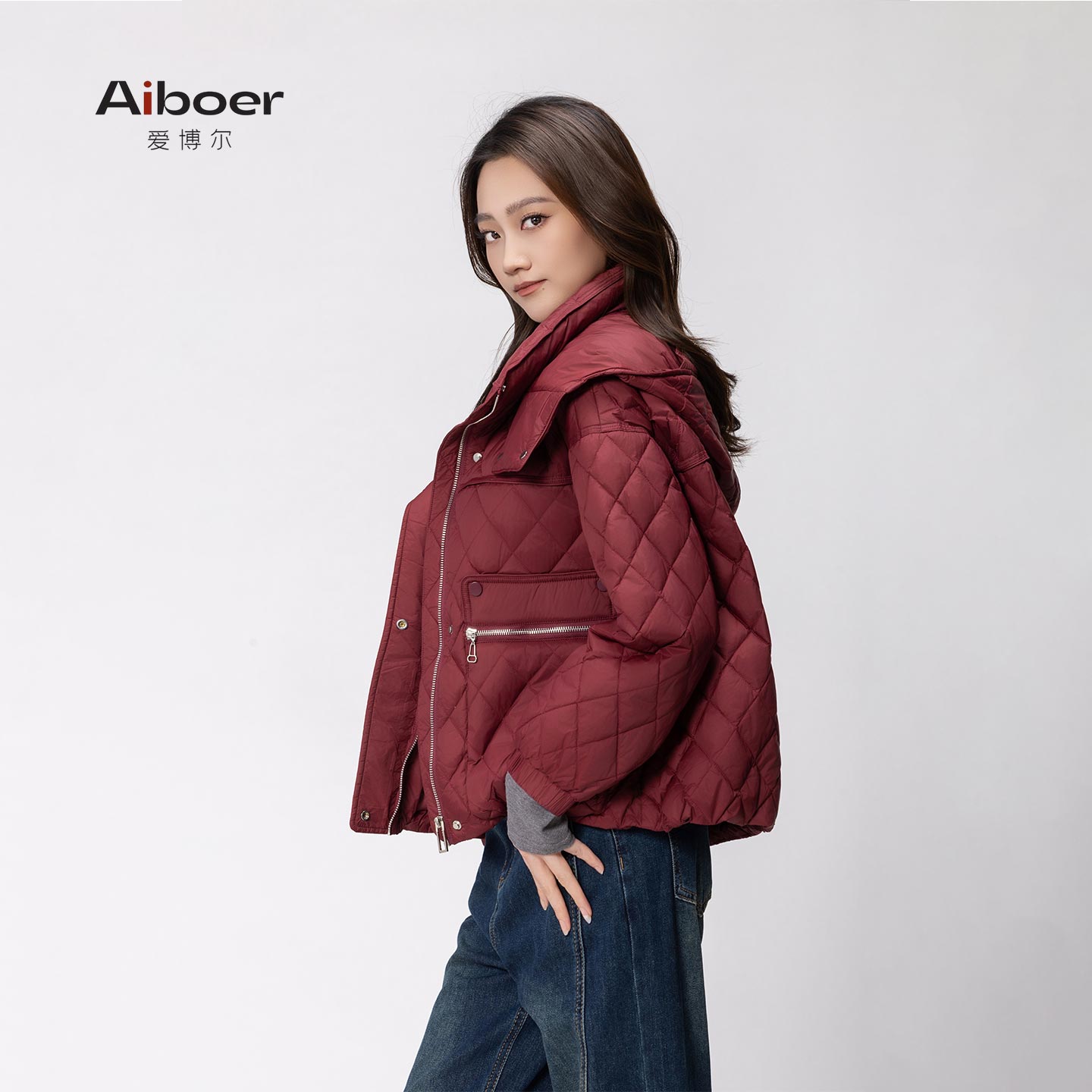 【恩佳专享】爱博尔拼接羽绒服女短款2025冬新款白鸭绒保暖67167