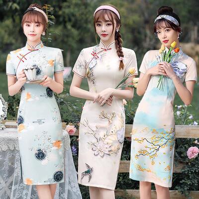四面弹定位花单层日常旗袍2024新款改良少女复古修身中国风连衣裙