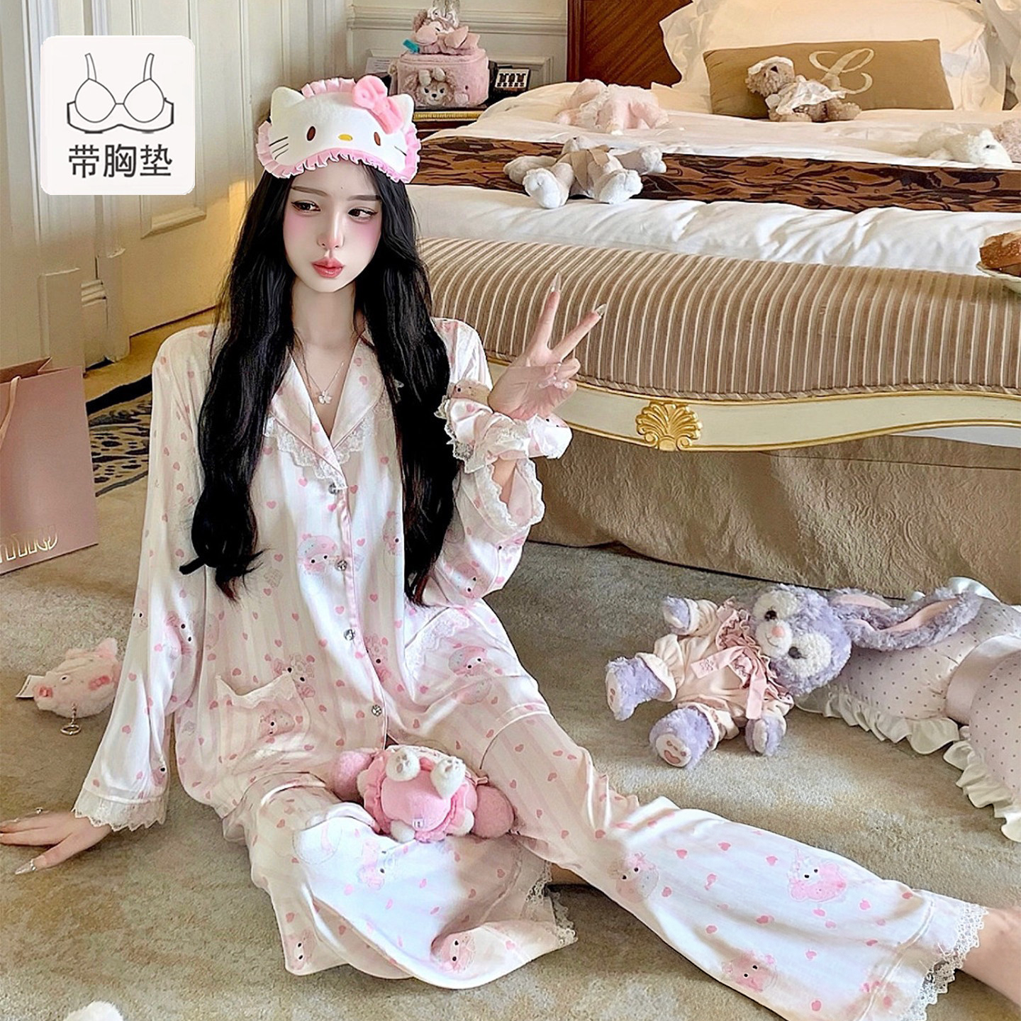 可爱风美乐蒂印花真丝睡衣带胸垫