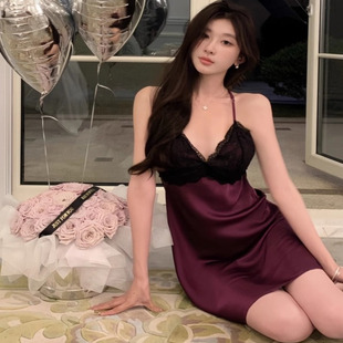 维多利亚法式 高级感蕾丝桑蚕丝吊带睡裙 性感纯欲风真丝睡衣大码 款