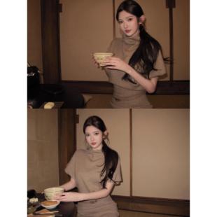 ［少量现货］CHICYOU  千金韩女  半高领腰带韩系短袖针织连衣裙