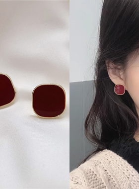 简约酒红方形耳环高级感耳钉女秋冬新年过年喜庆红色耳饰小众设计