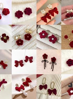丝绒红色花朵耳环珍珠耳钉百搭流苏新款小众设计爆款气质耳饰女