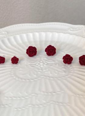 新款红色植绒玫瑰花耳钉可爱甜美气质耳环秋冬优雅百搭耳钉套装