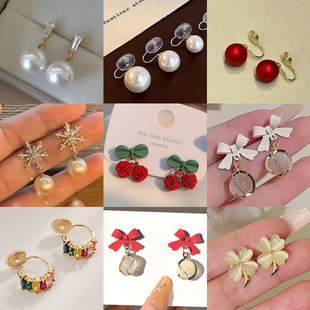 高级感珍珠耳夹无耳洞蚊香盘轻奢红色蝴蝶结新年耳饰女秋冬耳环