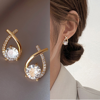 鱼尾镶钻耳钉女几何交叉耳环