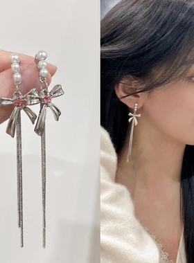 适合方圆脸珍珠蝴蝶结耳环女小众设计感高级流苏无耳洞耳夹款女