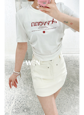 WEN买手店 AVVENN   2025新款休闲宽松褶皱高腰刺绣logo T恤 白色
