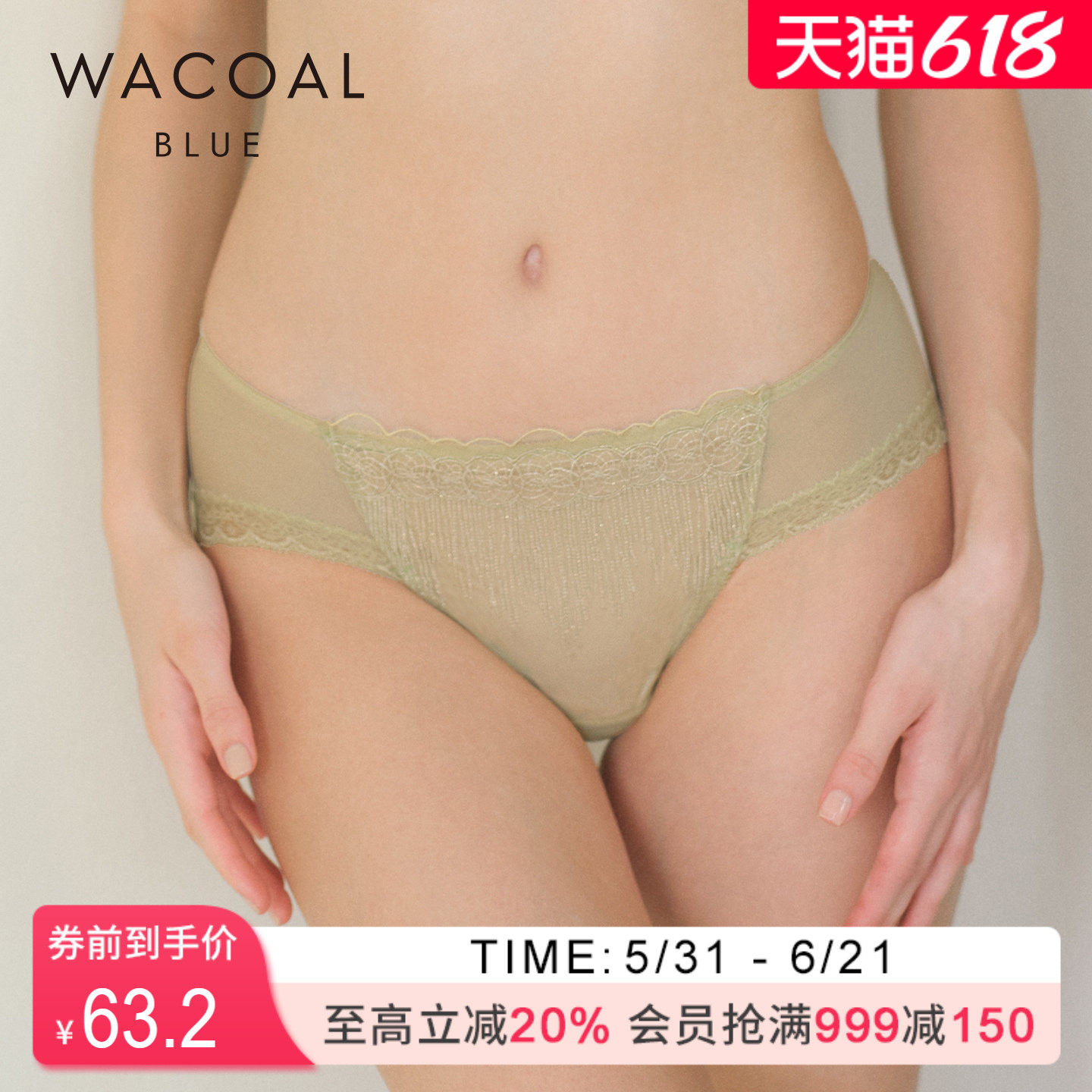 华歌尔Wacoal 性感清透刺绣中低腰三角裤内裤女 WP3453