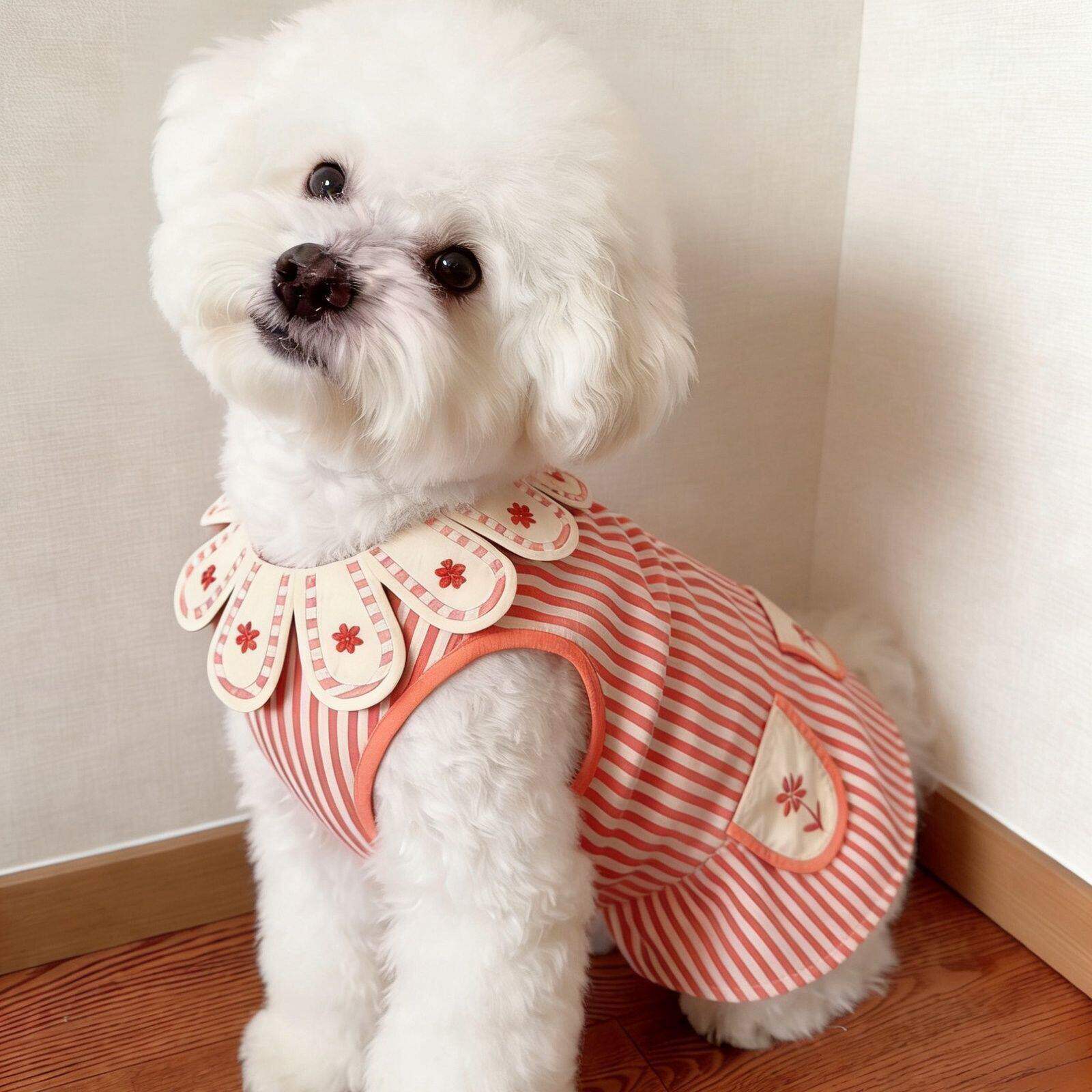夏季条纹花瓣领背心口袋裙犬用