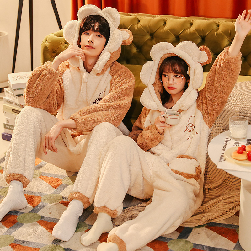 连体珊瑚绒情侣睡衣女秋冬加厚加绒家居服冬季保暖法兰绒男士套装
