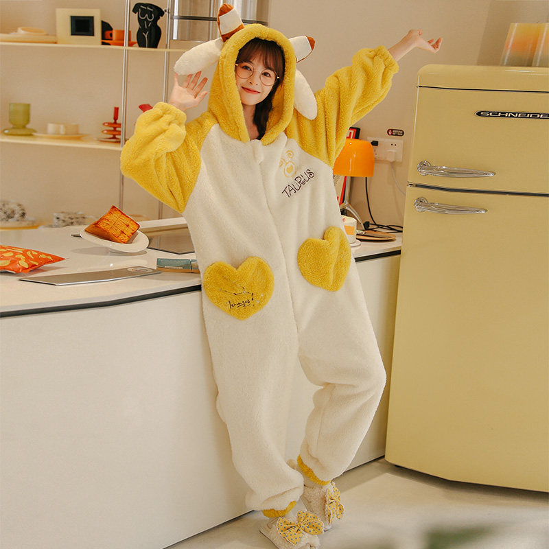 十二星座睡衣女秋冬季加厚加绒珊瑚绒可爱卡通法兰绒连体家居服冬