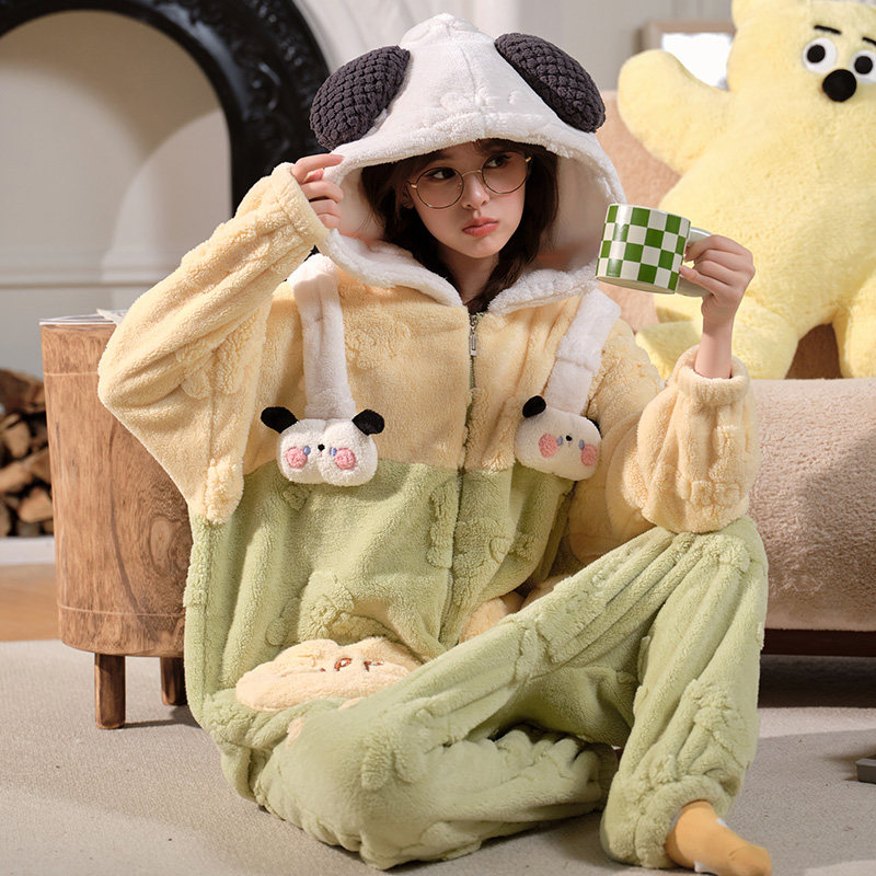 珊瑚绒睡衣女冬季连体可爱卡通动漫学生加厚加绒法兰绒家居服秋冬