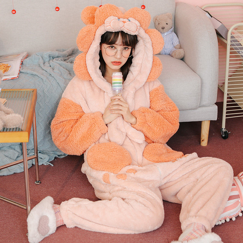 珊瑚绒睡衣女冬季可爱加厚加绒法兰绒套装冬天保暖连体家居服秋冬