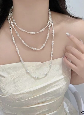 法式小众高级感满天星仿珍珠项链女长款气质锁骨链简约毛衣链颈链