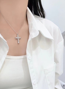 高级感S925银璀璨锆钻十字架项链女小众锁骨链轻奢颈链2025年新款