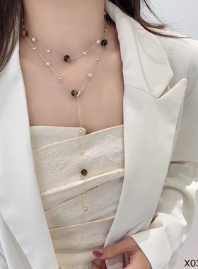 高级感小众虎眼石项链女长款日常通勤叠戴仿珍珠锁骨链气质颈链