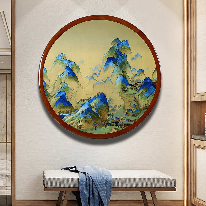 千里江山图80cm圆山水刺绣新中式玄关客厅沙发背景墙壁装饰苏绣画