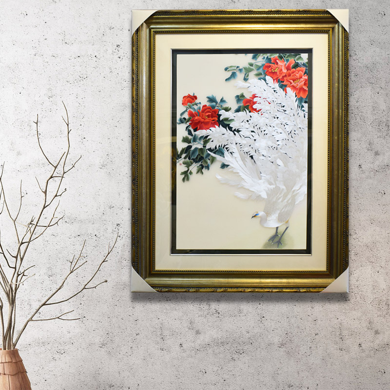 顾氏苏绣白孔雀4丝简欧风格孔雀开屏刺绣挂画美式现代刺绣画孔雀