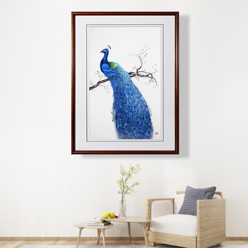 75*105顾氏苏绣蓝孔雀 4丝现代单面绣孔雀成品 书房过道刺绣挂画