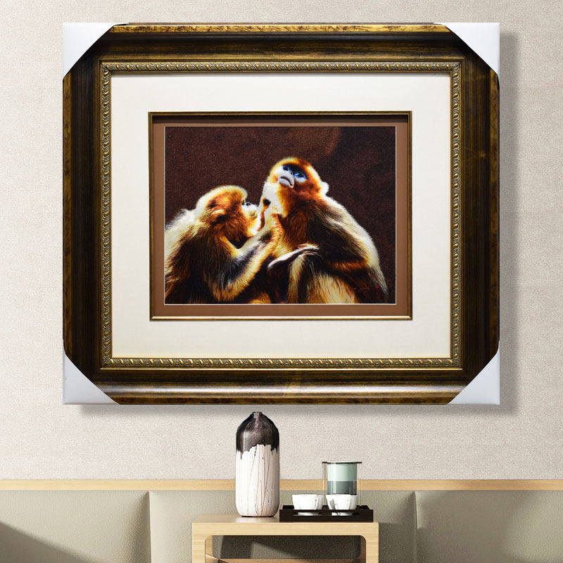 顾女士签名绣苏绣金丝猴乱针绣猴子玄关书房客厅装饰金丝猴刺绣画