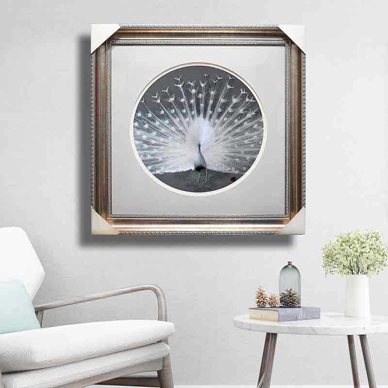 85*85顾氏手工苏州刺绣白孔雀开屏刺绣成品酒店客厅餐厅书房挂画