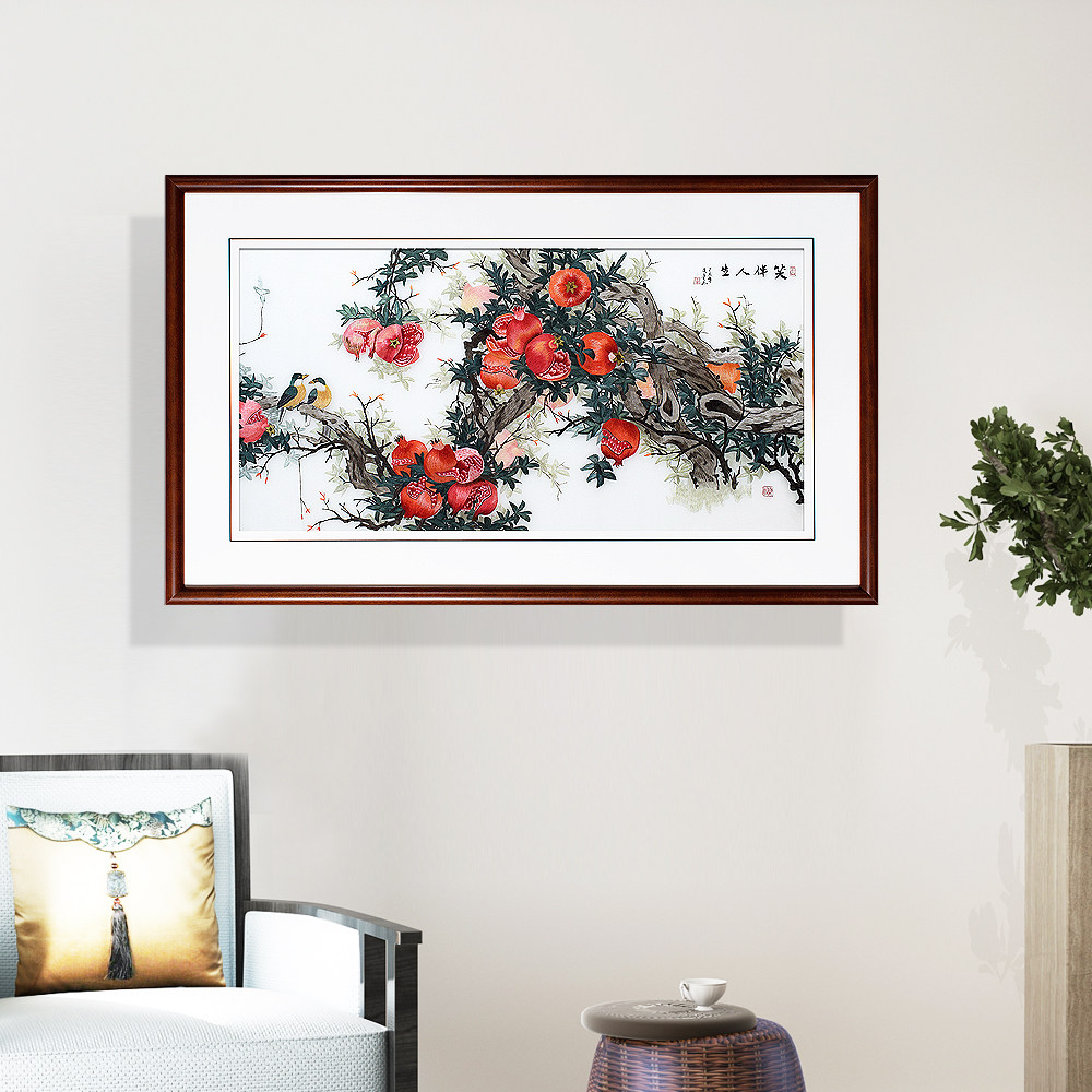 顾氏手工刺绣石榴双鸟 笑口常开 榴榴大顺 喜庆餐厅过道装饰挂画